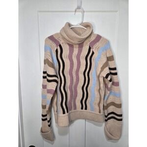 Aspen Womens Wavy Stripe Pointelle Knit Turtleneck Sweater Beige Multi Size M